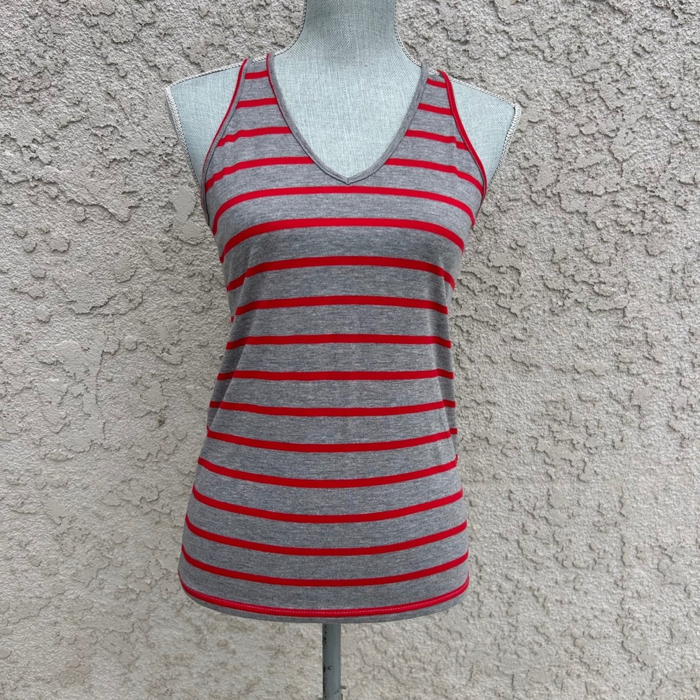 Y2K Tank Top Juniors Large Gray Red Excellent Striped Strappy Racerback V-Neck